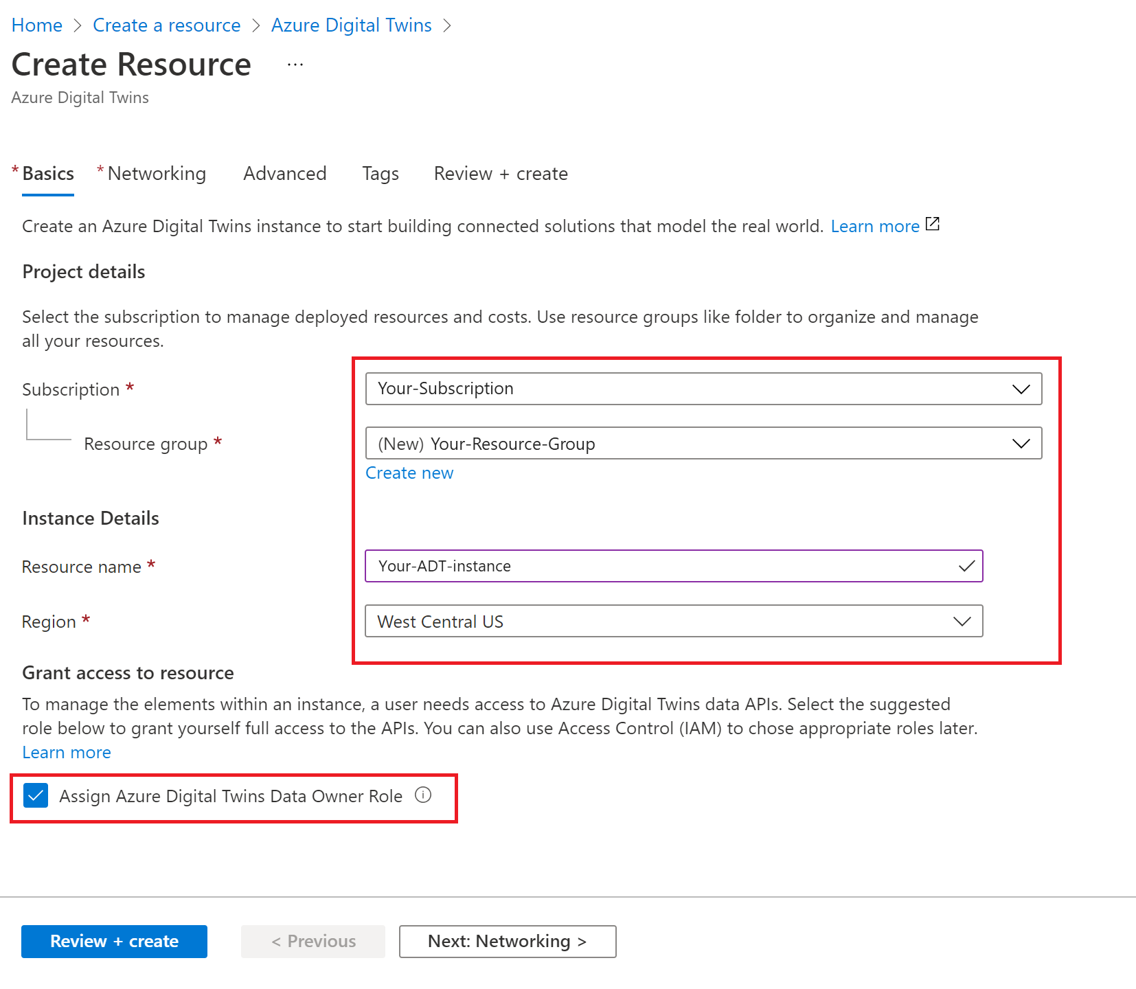 Снимок экрана процесса создания ресурса для Azure Digital Twins в портале Azure. Введены указанные значения.