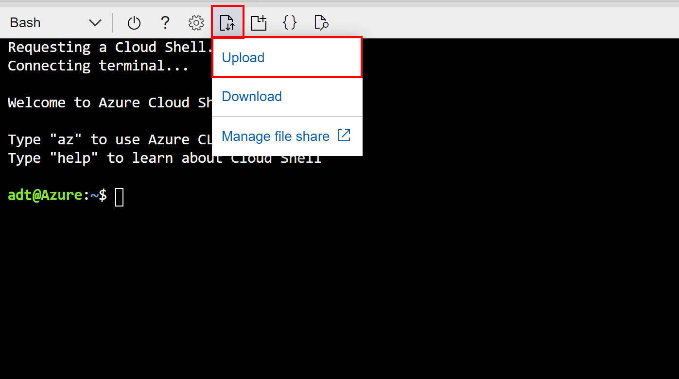 Скриншот Azure Cloud Shell, демонстрирующий, как загружать файлы.