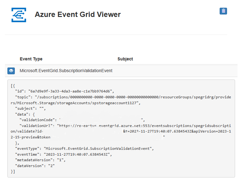 Screenshot showing the Event Grid Viewer with the subscription validation event.