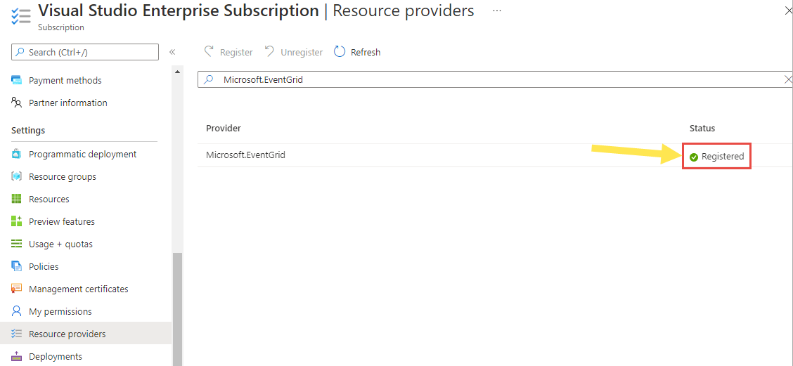 Снимок экрана: успешная регистрация поставщика Microsoft.EventGrid с подпиской Azure.