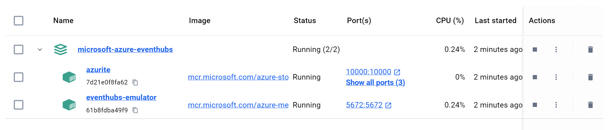 Снимок экрана: эмулятор Центров событий Azure, работающий в контейнере.