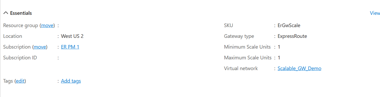 Снимок экрана: обзор шлюза виртуальной сети для ExpressRoute.