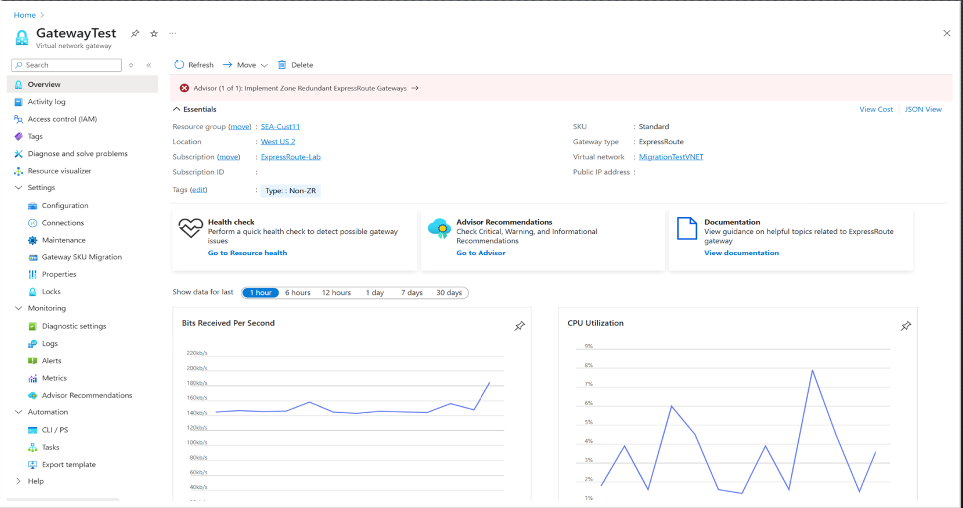 Изображение с уведомлением помощника по Azure в обзоре шлюза.