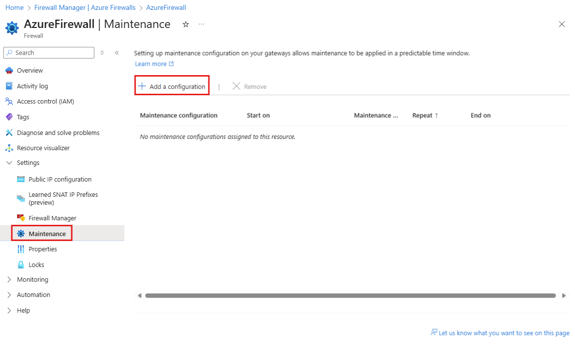 Снимок экрана: параметр конфигурации обслуживания в ресурсе брандмауэра Azure.