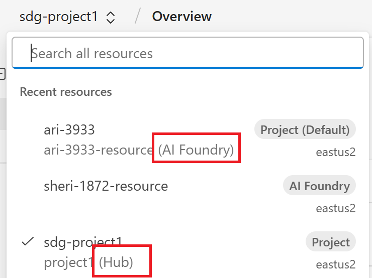 Снимок экрана показывает и проект Foundry, и проект на основе концентратора в навигации по хлебным крошкам.