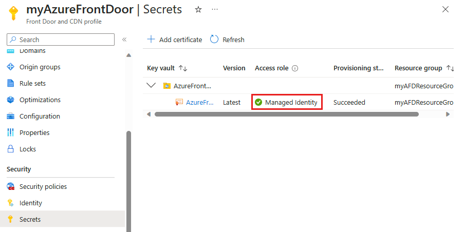 Снимок экрана Azure Front Door, использующего управляемое удостоверение для доступа к сертификату в Key Vault.