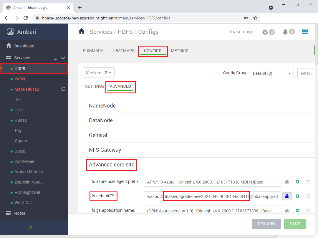 В Ambari выберите Службы > HDFS > Configs > Advanced > Advanced Core-site и измените имя контейнера.