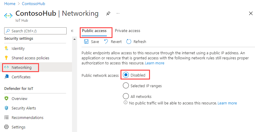 Снимок экрана: портал Azure, где отключить доступ к общедоступной сети.