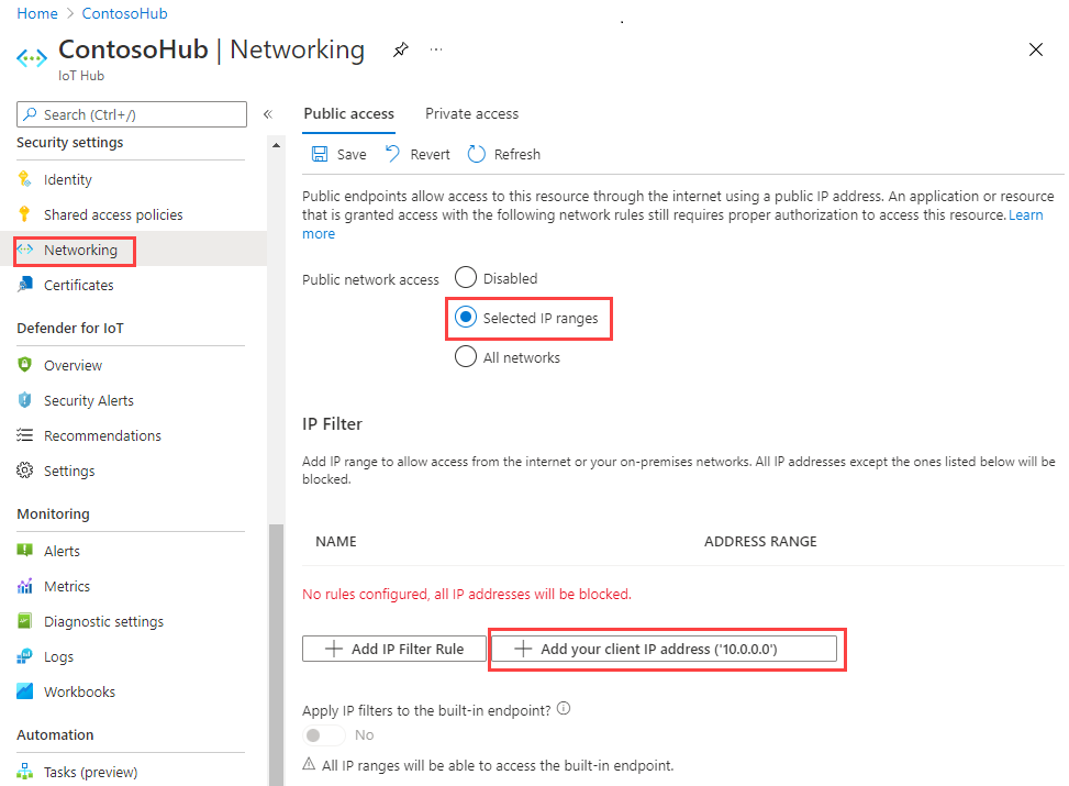 Снимок экрана: портал Azure, где включить доступ к общедоступной сети.
