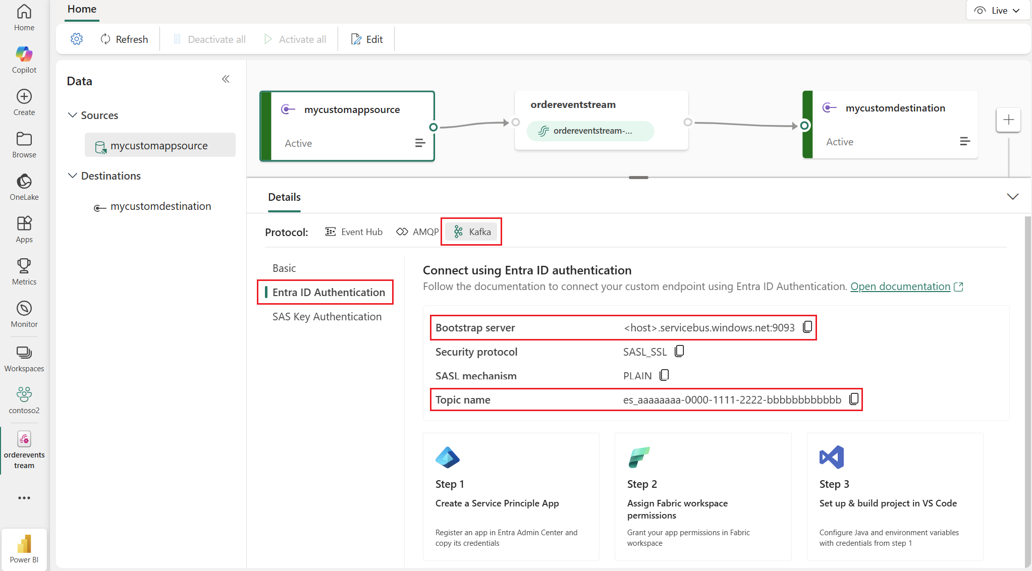Снимок экрана в Microsoft Fabric с деталями подключения к пользовательской конечной точке.