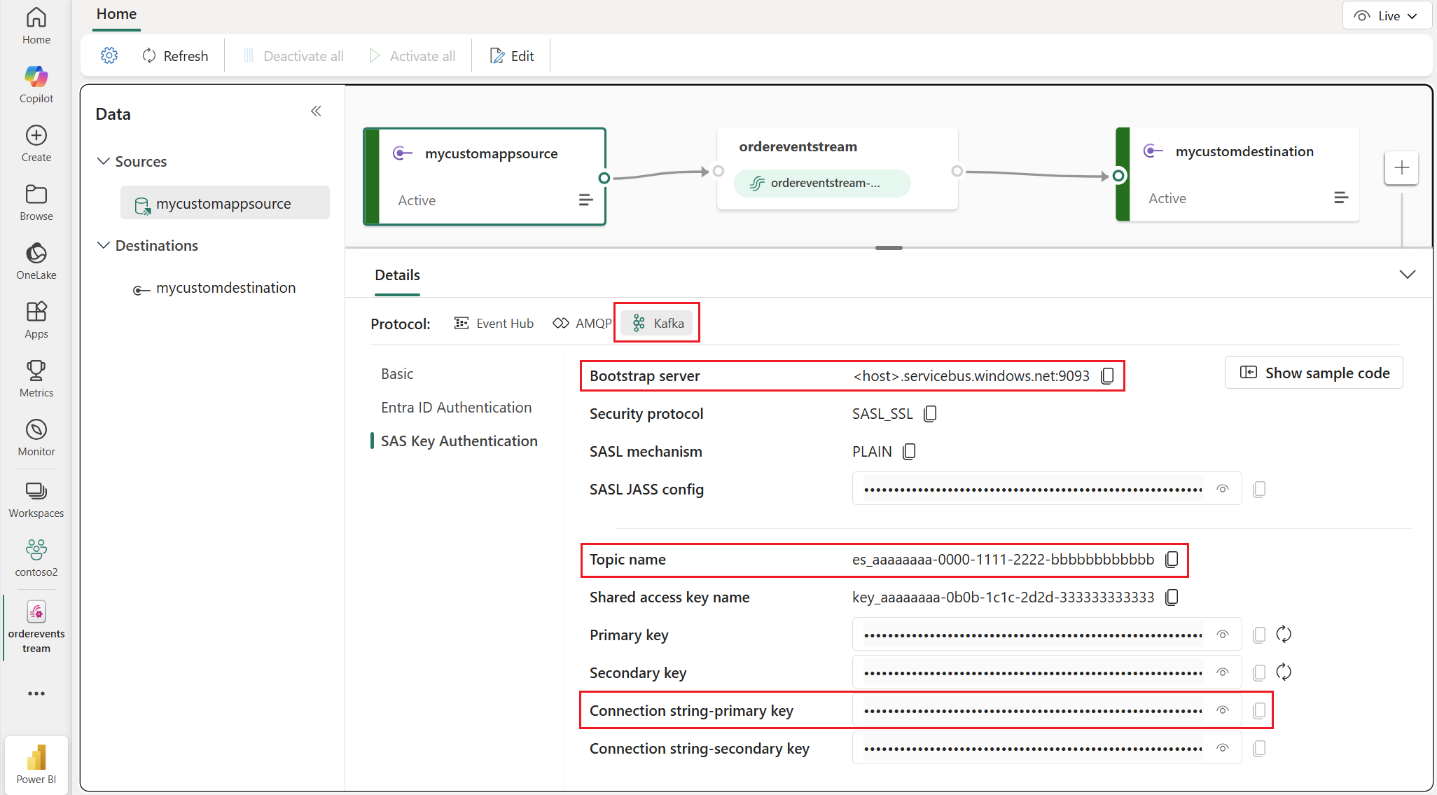 Снимок экрана в Microsoft Fabric с деталями подключения к пользовательской конечной точке.