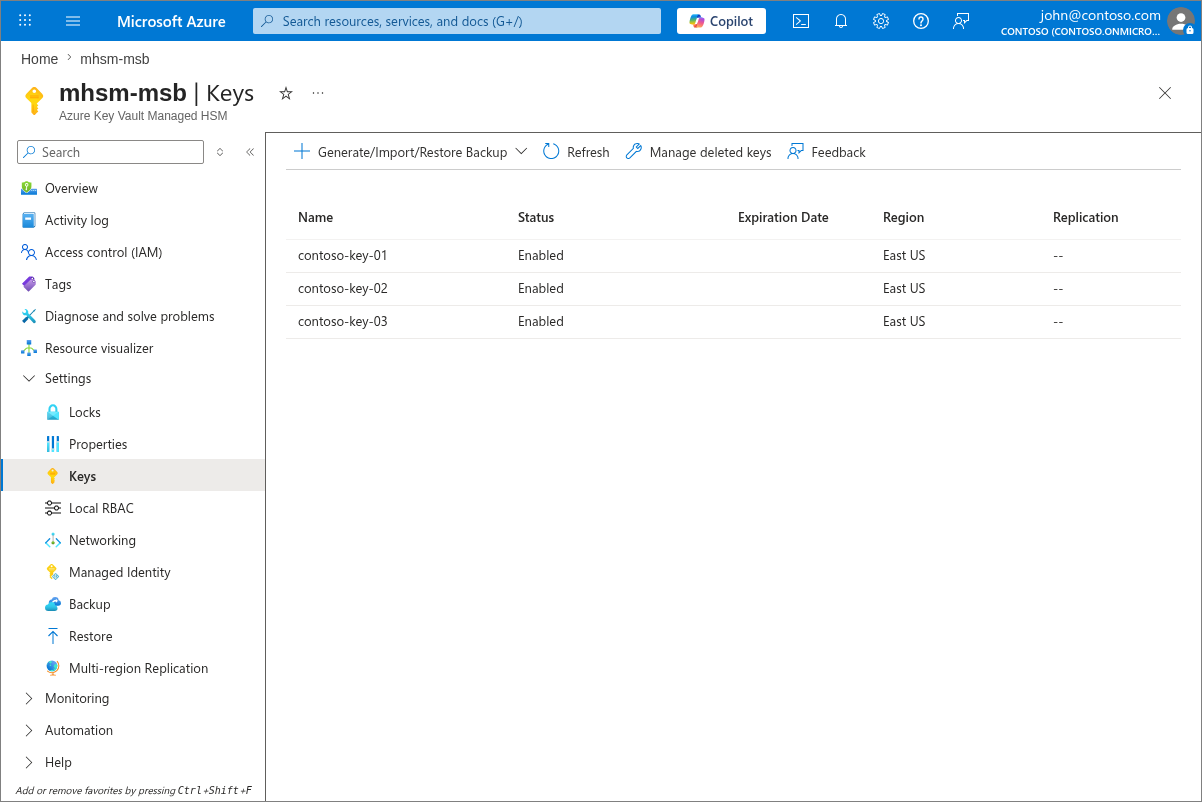Скриншот раздела Ключи на портале Azure для управляемого HSM.