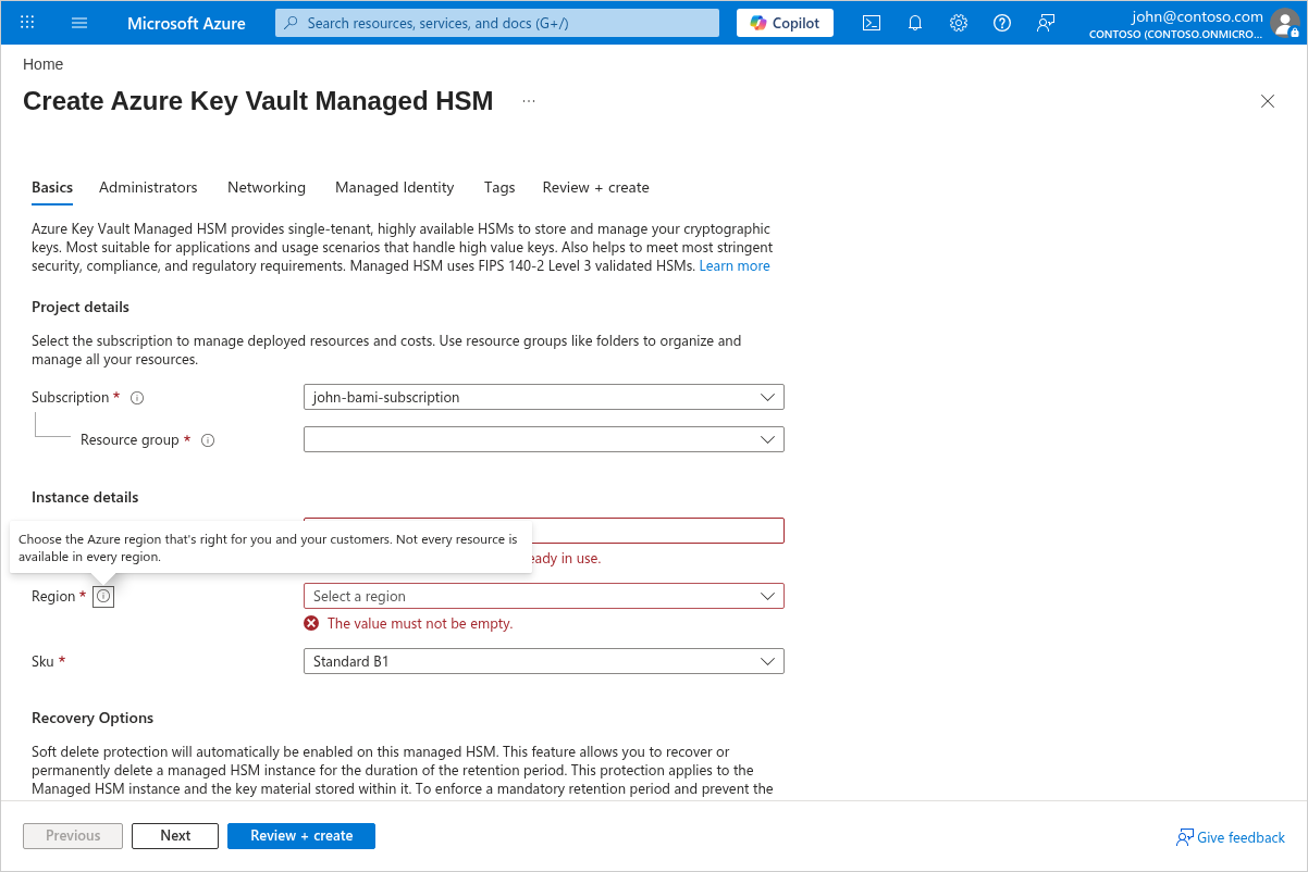 Скриншот вкладки Create Azure Key Vault Managed HSM Basics на портале Azure.