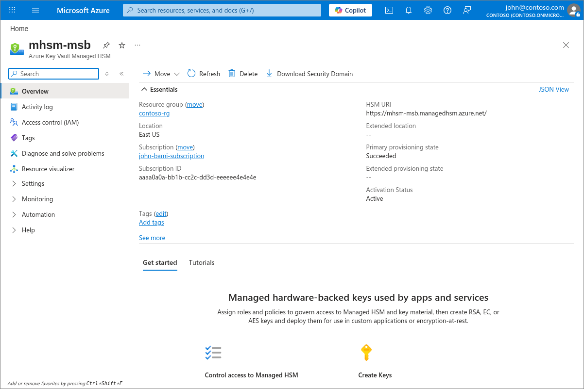 Screenshot страницы обзора управляемого модуля HSM на портале Azure.