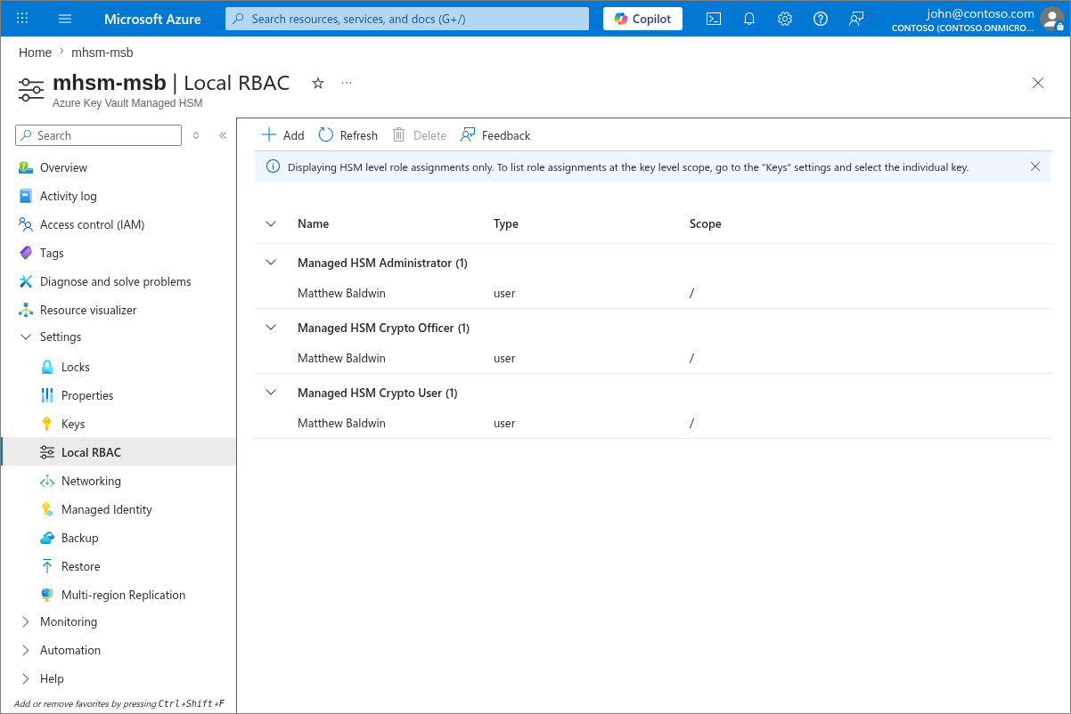 Снимок экрана локальной панели RBAC на портале Azure для управляемого HSM.