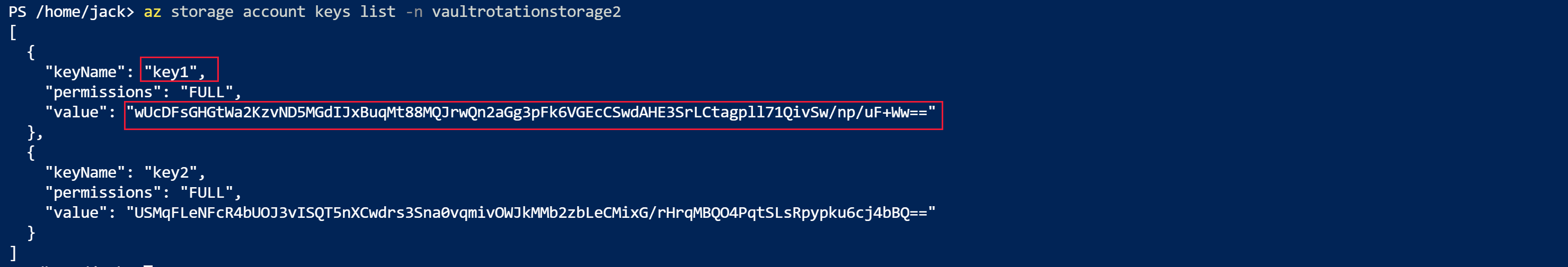 Снимок экрана: выходные данные команды az storage account keys list для второй учетной записи хранения.