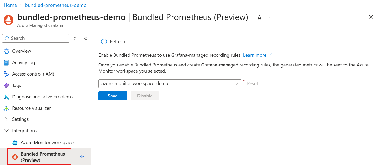 Скриншот платформы Azure, на котором показана панель интеграции Prometheus в Azure Managed Grafana.