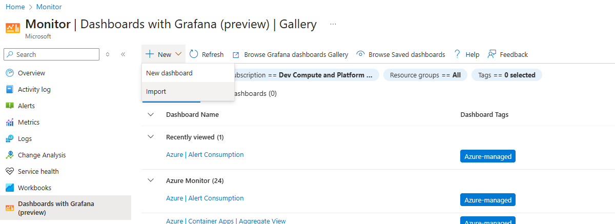 Снимок экрана: панели мониторинга с интерфейсом Grafana на портале Azure с параметром импорта панели мониторинга.