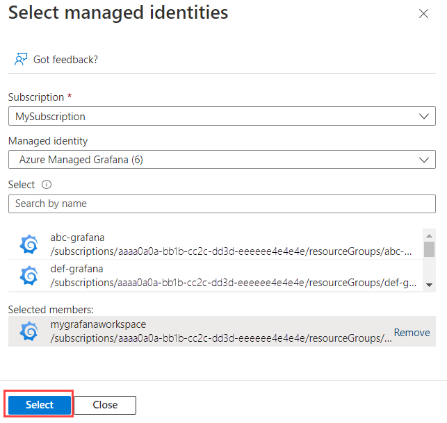 Снимок экрана платформы Azure с выбором рабочей области.