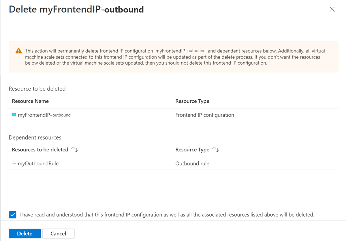 Screenshot of confirmation of frontend IP address removal for NAT gateway.