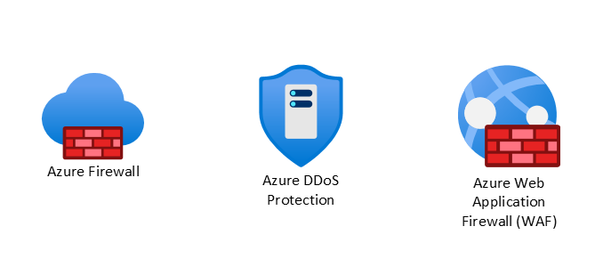 Снимок экрана: значки брандмауэра Azure, защиты от атак DDoS Azure и брандмауэра веб-приложений Azure.