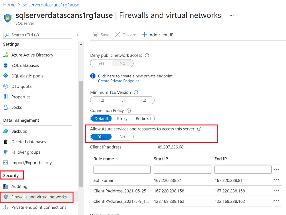 Снимок экрана: выбор в портал Azure для разрешения Azure подключений к серверу.