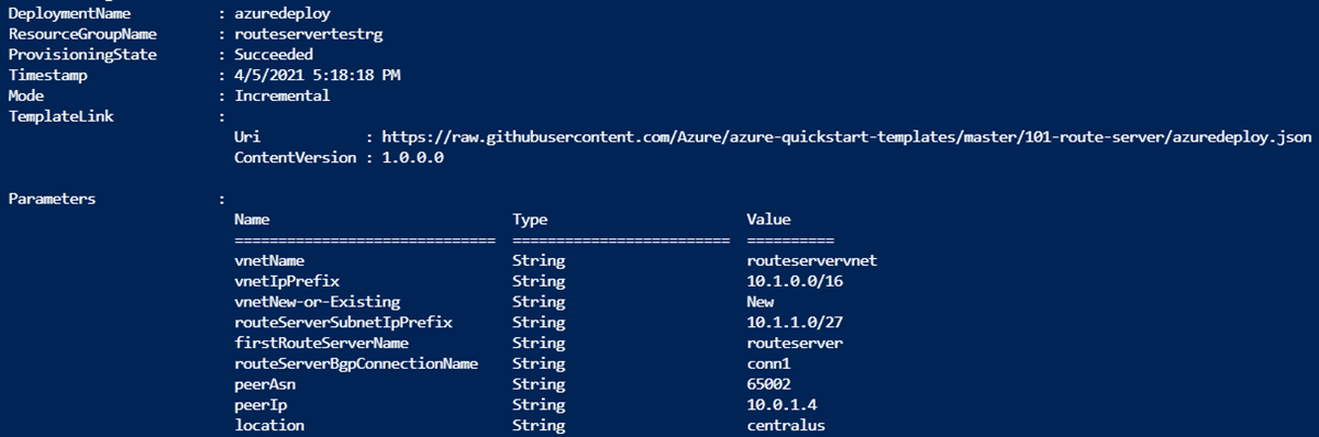 Снимок экрана: выходные данные развертывания PowerShell шаблона Route Server Resource Manager.