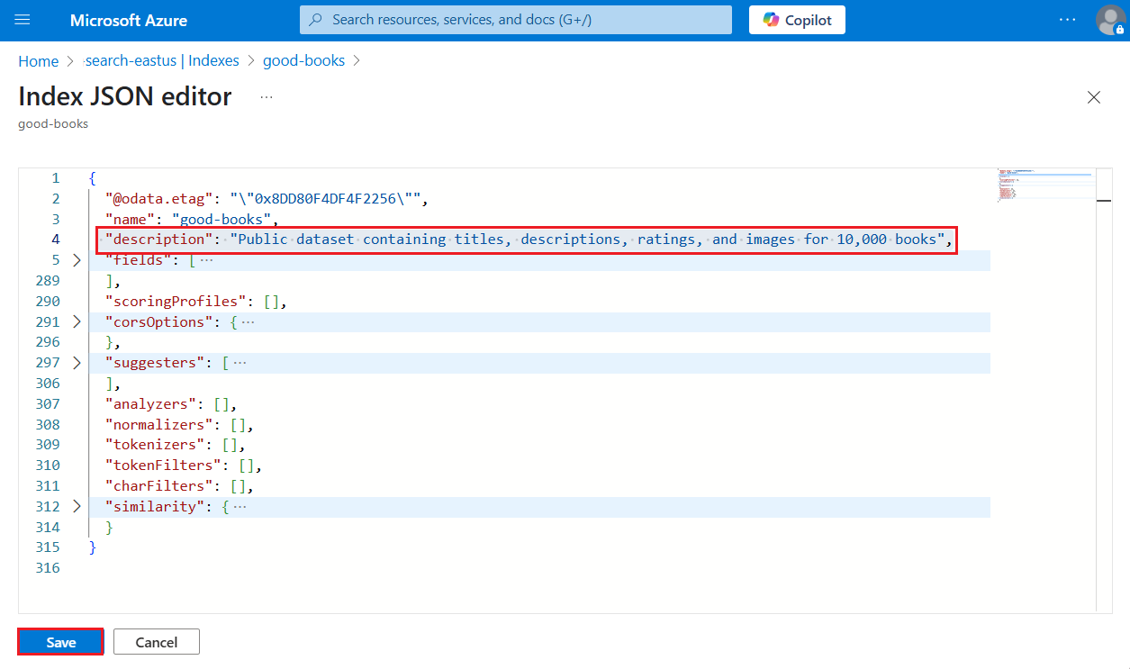 Снимок экрана: определение JSON индекса на портале Azure.