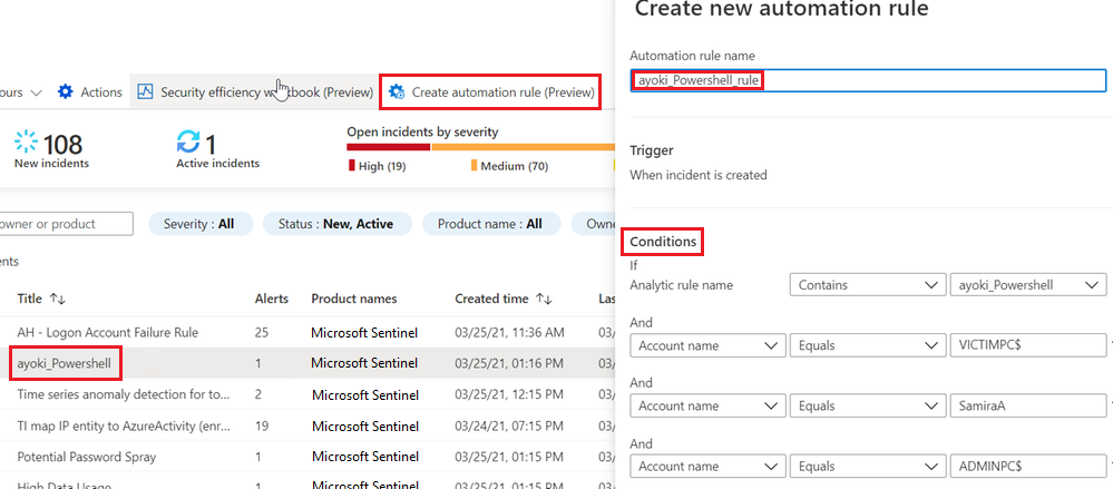 Снимок экрана: создание правила автоматизации для инцидента в Microsoft Sentinel.