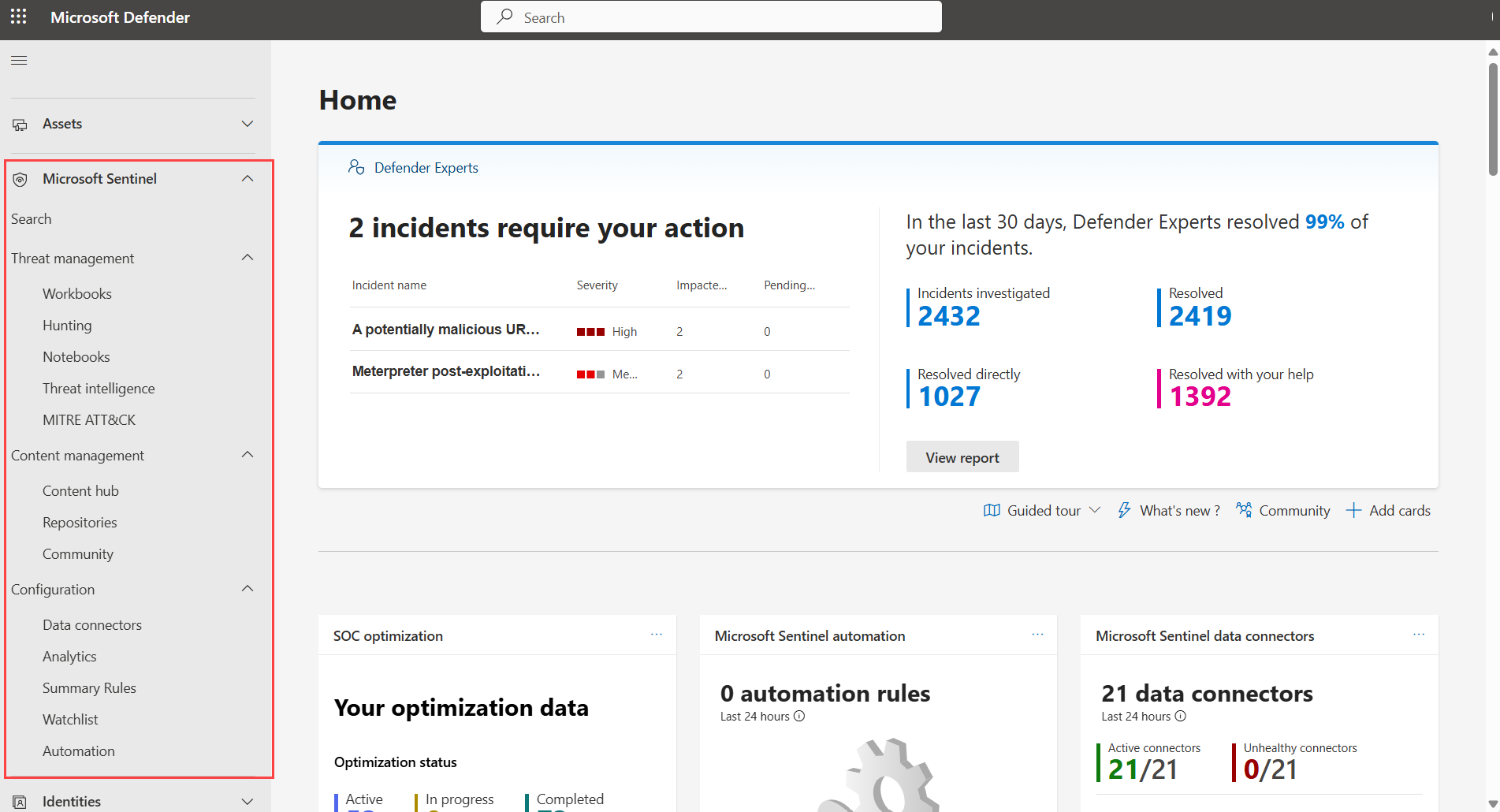 Снимок экрана: Microsoft Sentinel на портале Defender.