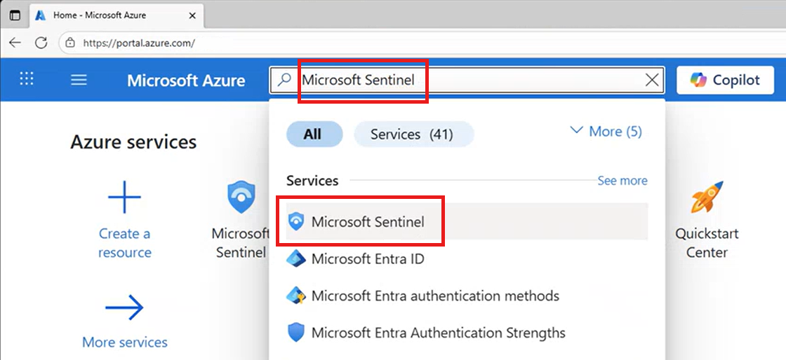 Снимок экрана: поиск и выбор Microsoft Sentinel из портал Azure.