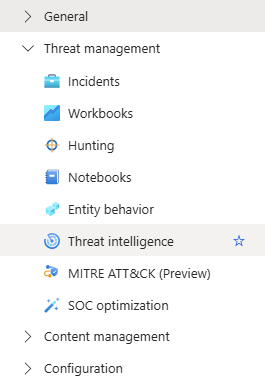 Скриншот, показывающий меню разведки угроз для Microsoft Sentinel в портале Azure.