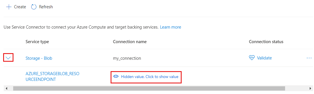 Снимок экрана: портал Azure, просмотр сведений о подключении.