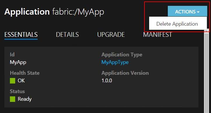 Удаление приложения в Service Fabric Explorer