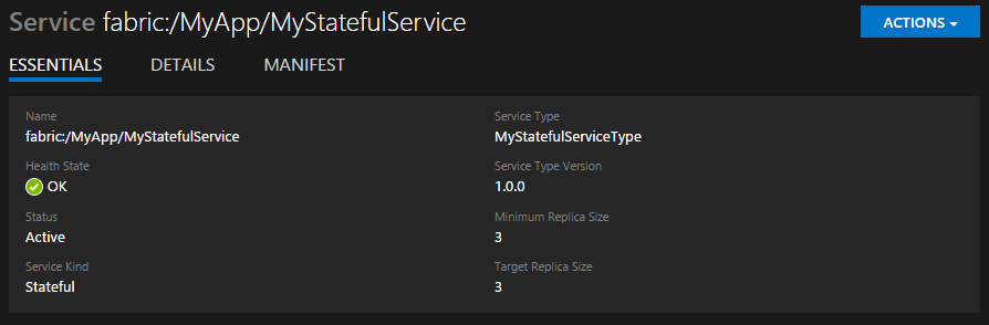 Панель основных функций Service Fabric Explorer