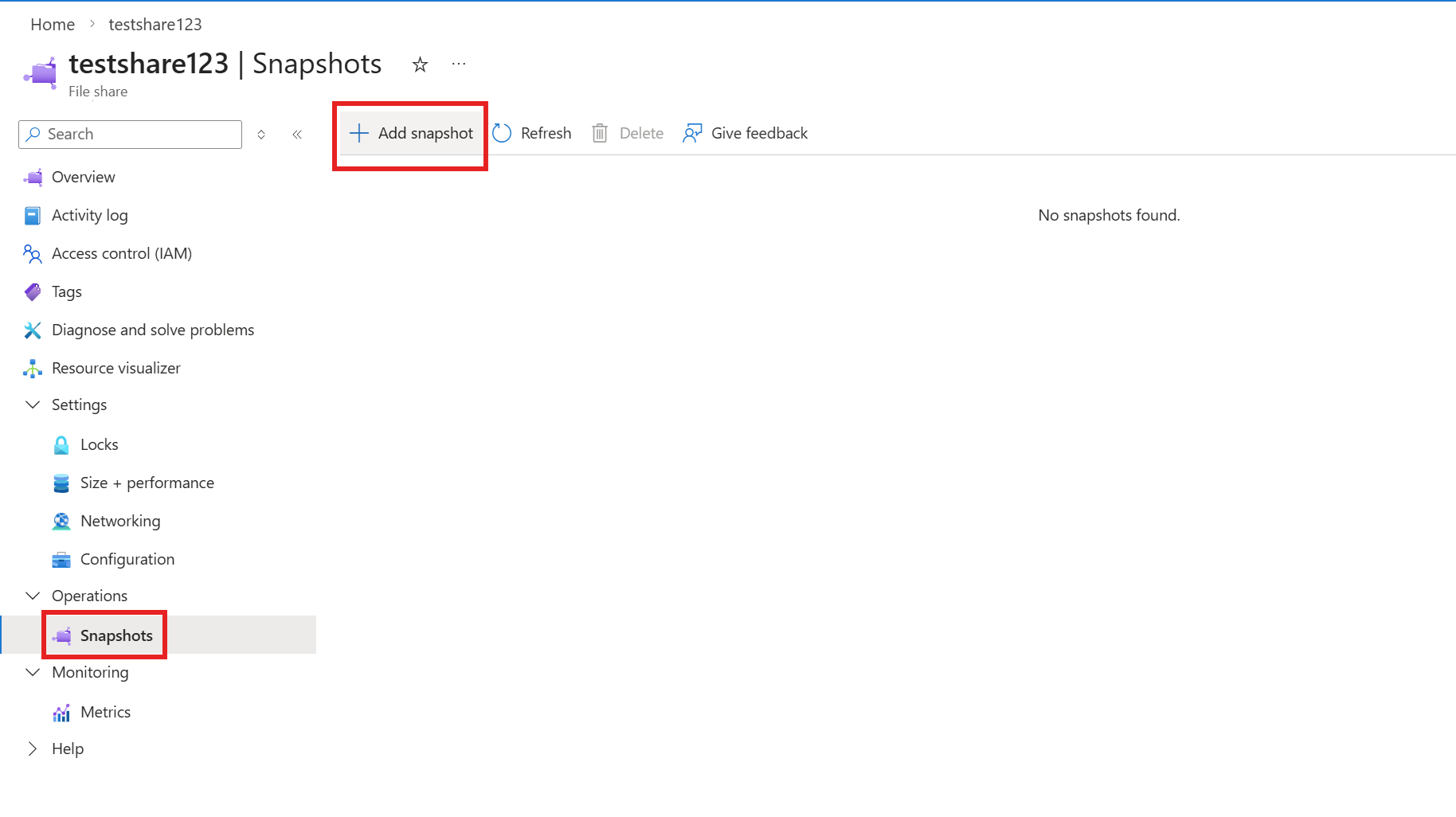 Снимок экрана портала Azure, показывающий, как создать снимок файлового хранилища, созданного с помощью Microsoft.FileShares.