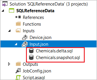 Скриншот Обозреватель решений с выделенными файлами SQL CodeBehind Chemicals.delta.sql и Chemicals.snapshot.sql.