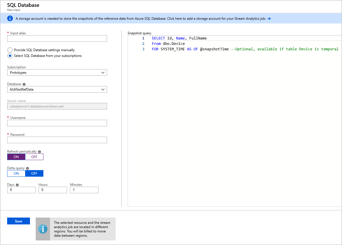 Скриншот новой входной страницы SQL Database с формой конфигурации в левой панели и запросом к снимку в правой.