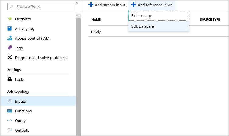 Скриншот панели Stream Analytics Inputs с выбранным вводом Add reference, показывающий выпадающий список со значениями Blob storage и SQL Database.