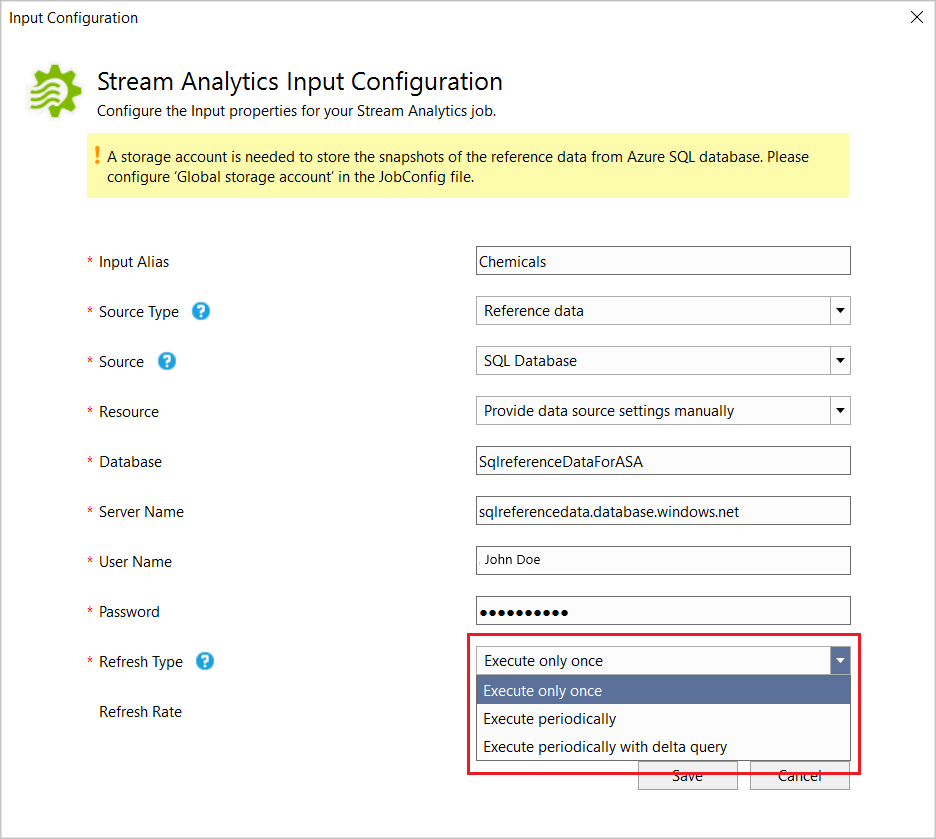 Скриншот конфигурации ввода Stream Analytics с введёнными или выбранными значениями из выпадающих списков.