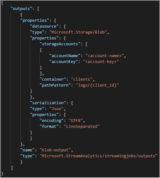 Снимок экрана: конфигурация выходных данных REST API JSON для хранилища BLOB-объектов.
