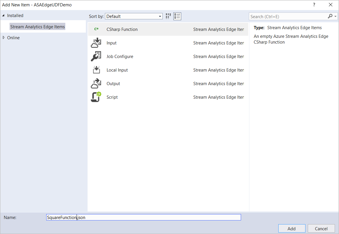 Скриншот выбора функции C# из элементов Stream Analytics Edge в Visual Studio.