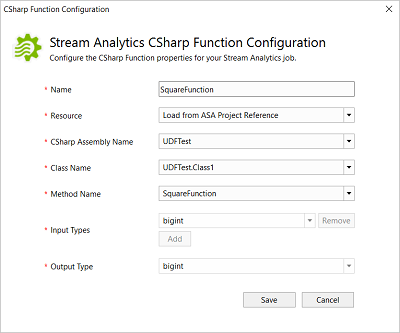 Скриншот конфигурации функции Stream Analytics C# с ссылкой на проект ASA в Visual Studio.
