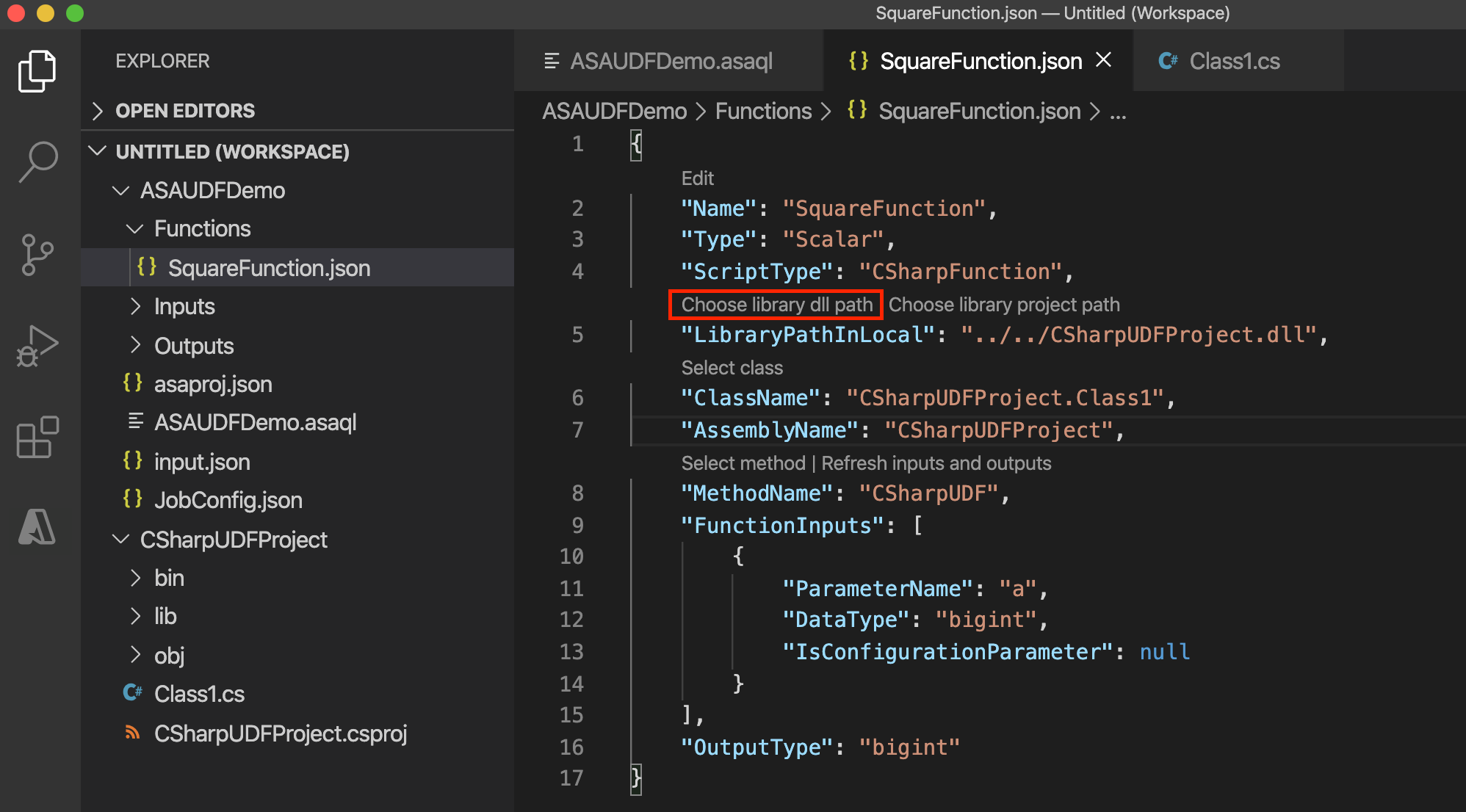 Скриншот конфигурации функции Stream Analytics C# для библиотеки DLL.
