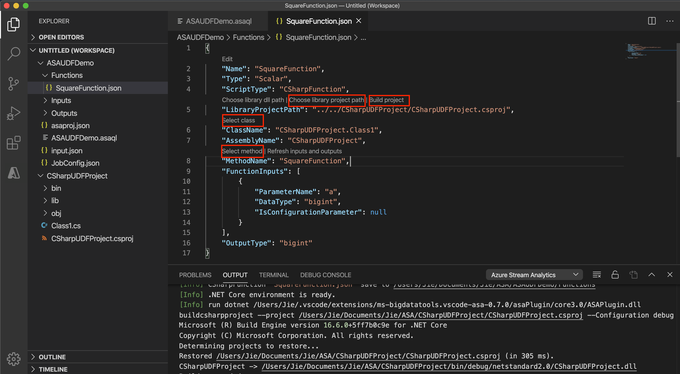 Скриншот конфигурации функции Stream Analytics C# в VS Code.