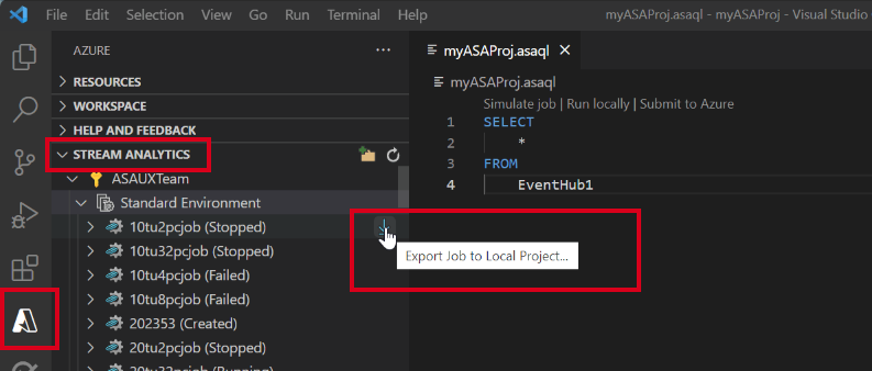 Снимок экрана расширения VS Code, экспортирующего задание ASA в Visual Studio Code.