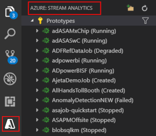 Скриншот расширения VS Code, открывающего Stream Analytics Explorer.