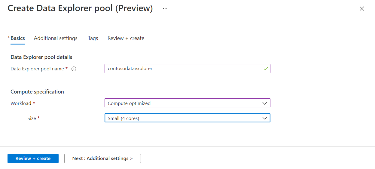 Основы для нового пула обозревателя данных на портале Azure