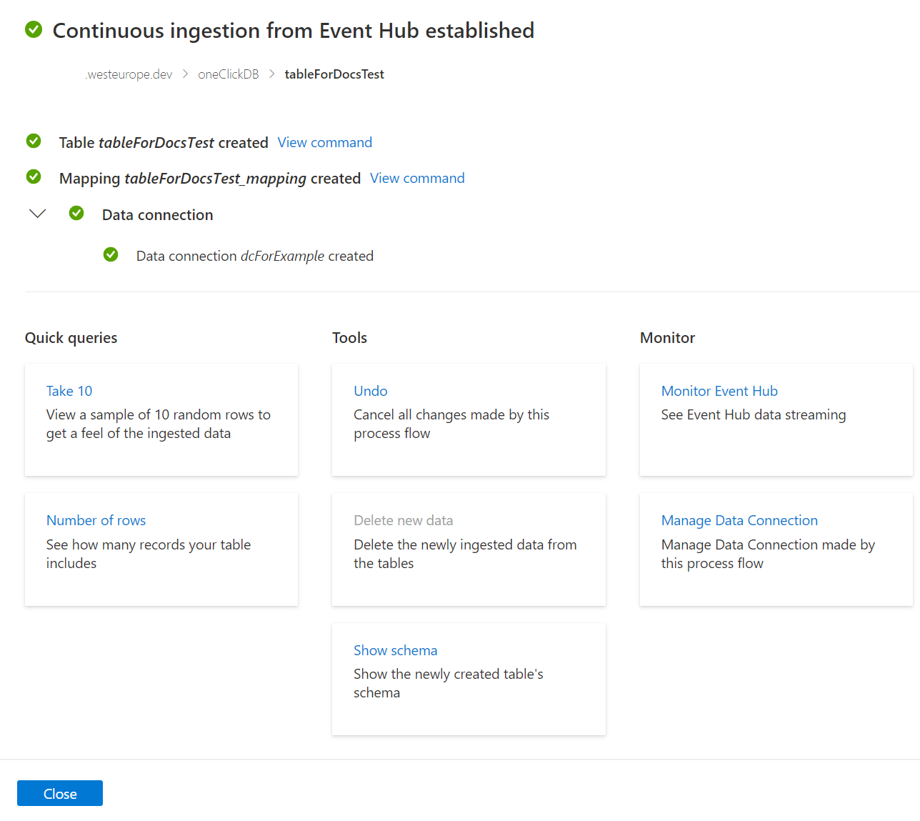 Снимок экрана: финальный экран приема в Azure Synapse Data Explorer из Центров событий с единым интерфейсом выбора.