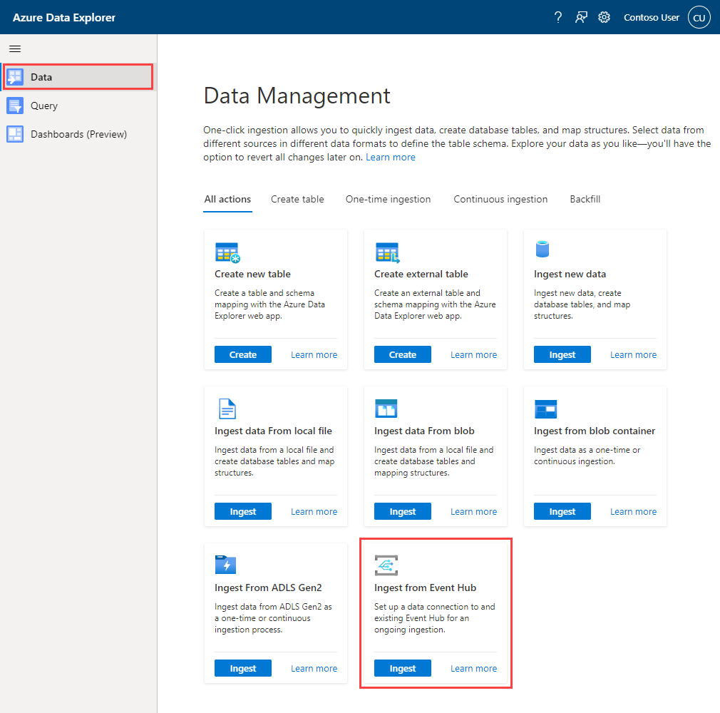 Снимок экрана, показывающий меню данных Azure Data Explorer с выделенной загрузкой из концентратора событий.